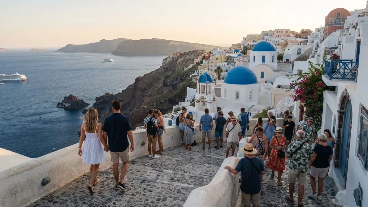 White houses and blue domes above the Santorini caldera in Greece