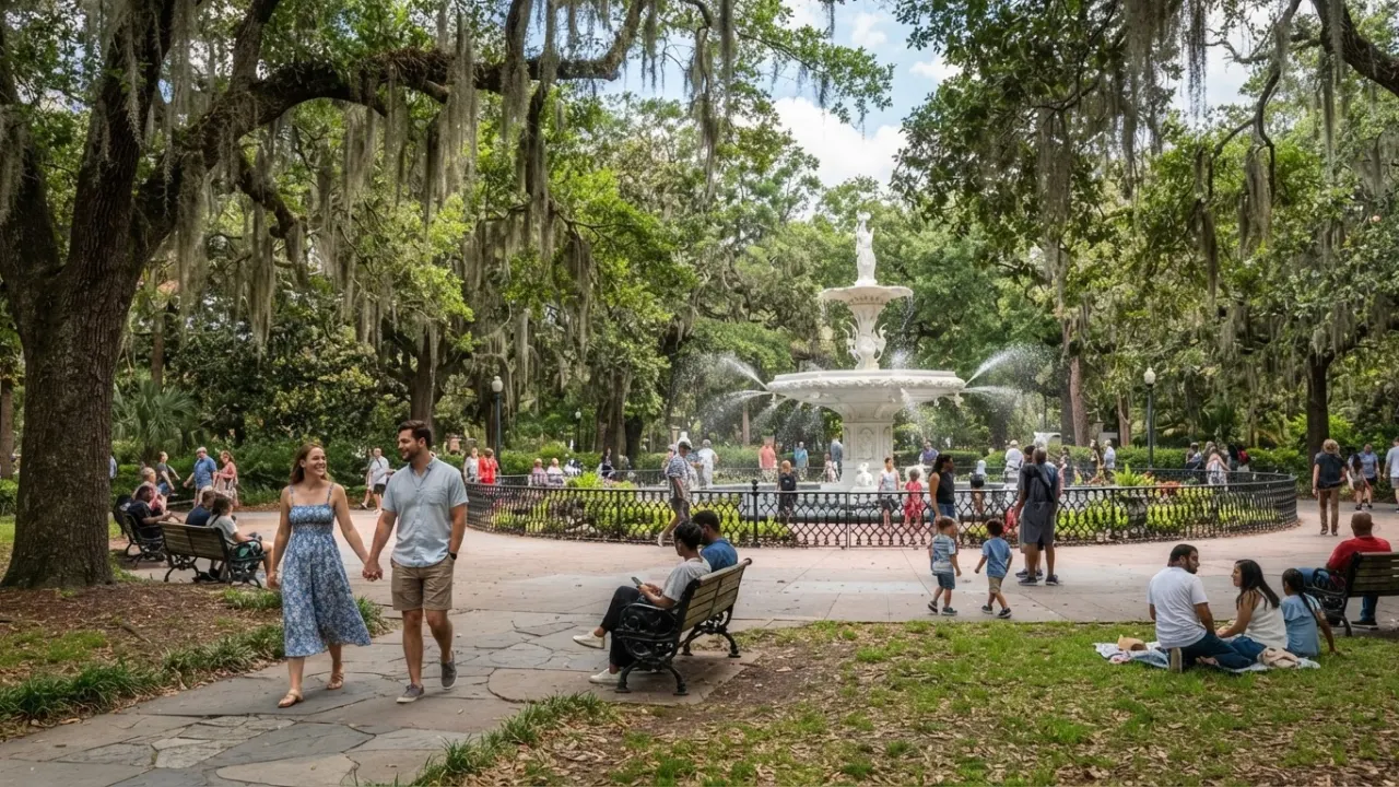 Savannah Georgia Forsyth Park Spanish moss oak trees spring