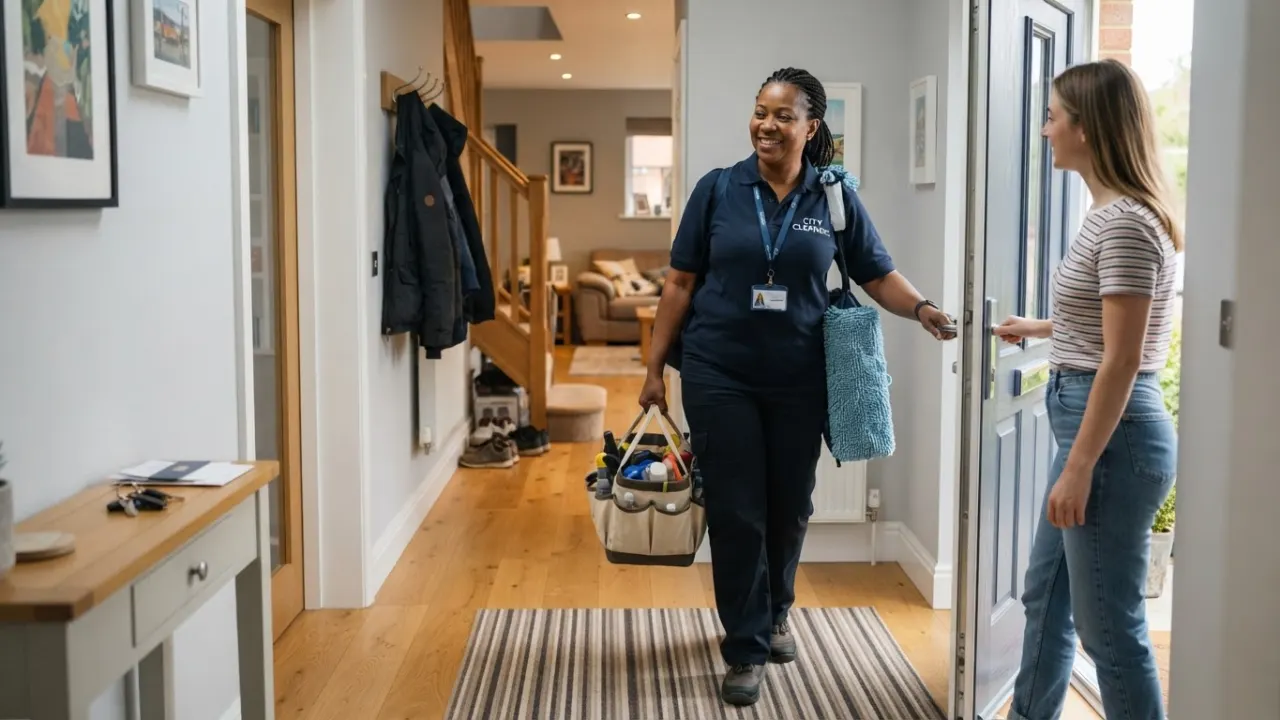 cleaning service professional entering a modern home with equipment