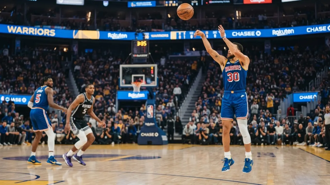 Stephen Curry shooting a three-pointer in Warriors game