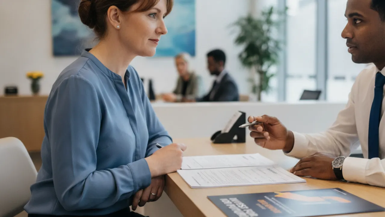UK woman applying for stocks and shares ISA at bank branch