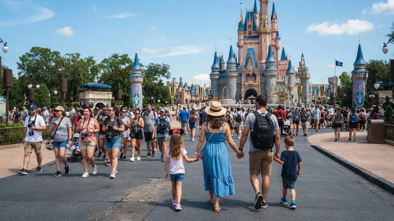 families at a major theme park entrance