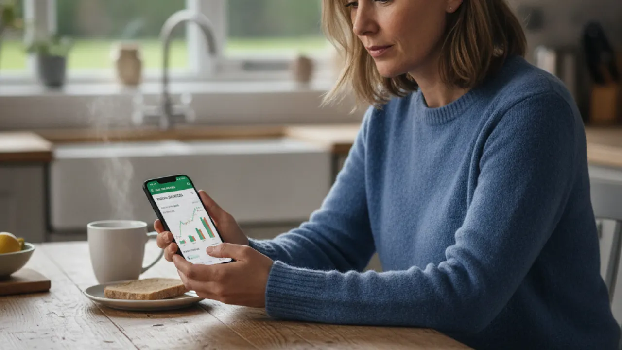 UK investor monitoring stock market investments on smartphone app