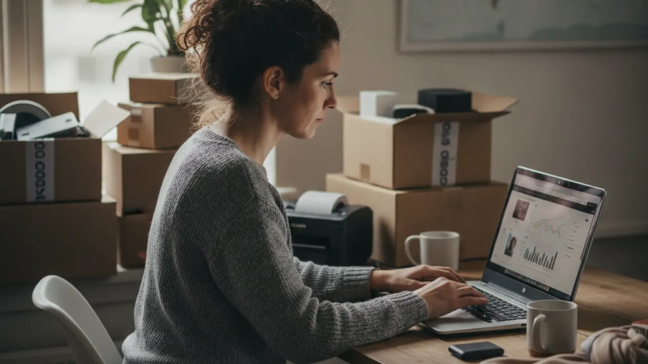 UK entrepreneur running online ecommerce business from home as side hustle