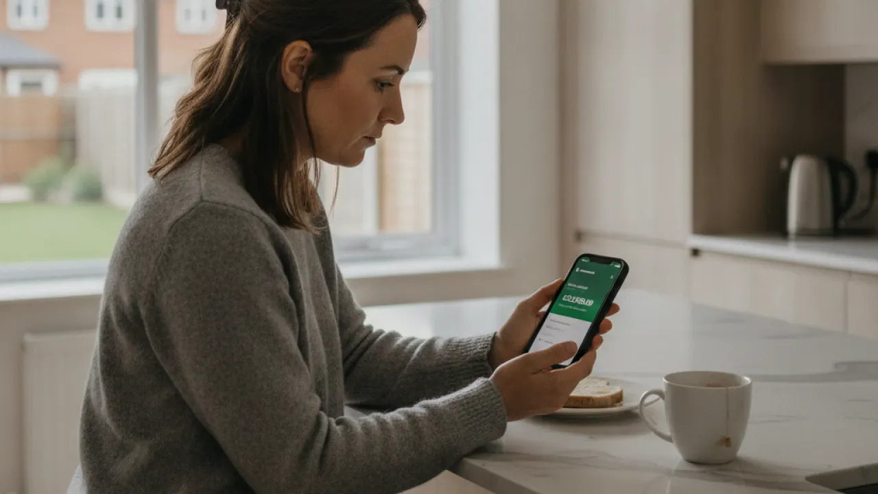 UK woman checking personal savings allowance and bank interest on phone
