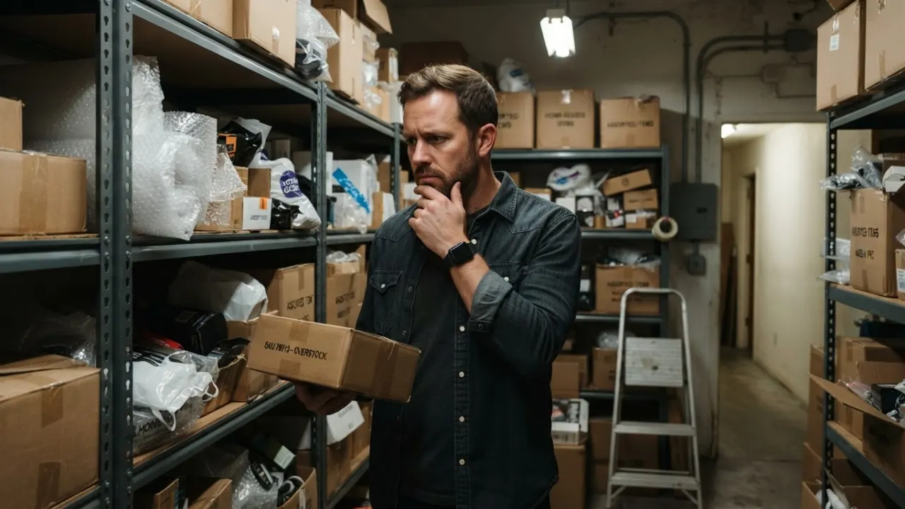 entrepreneur looking at unsold generic products stacked in storage