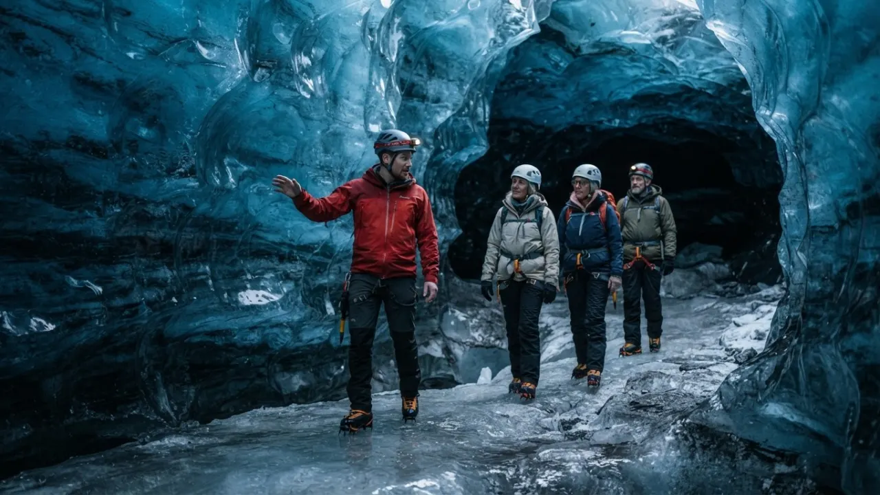 Blue glacier ice and black volcanic ground at Vatnajokull Iceland