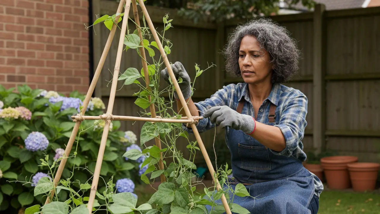 vegetable garden layout using bamboo trellis for beans